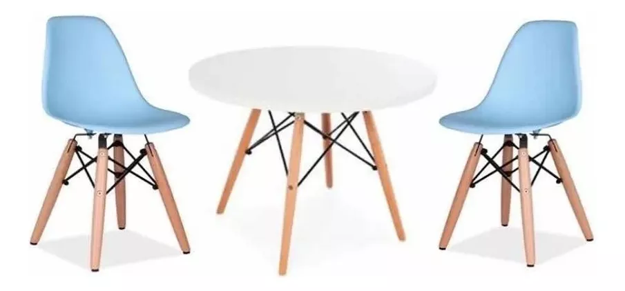 Combo Mesa Eames Blanco + 2 Sillas Eames Kids Niños Celeste