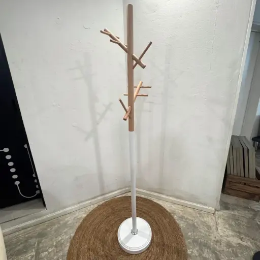 [PRPMM00B] Perchero de 6 ganchos pie metal y madera Blanco
